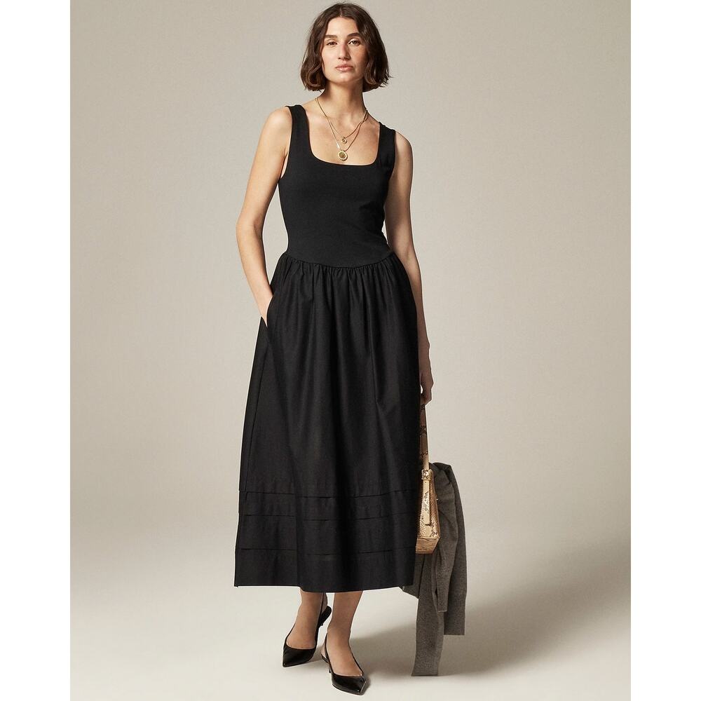J Crew XS Tall Dress Drop Waist A Line Cotton Poplin Sleeveless Long Midi Black